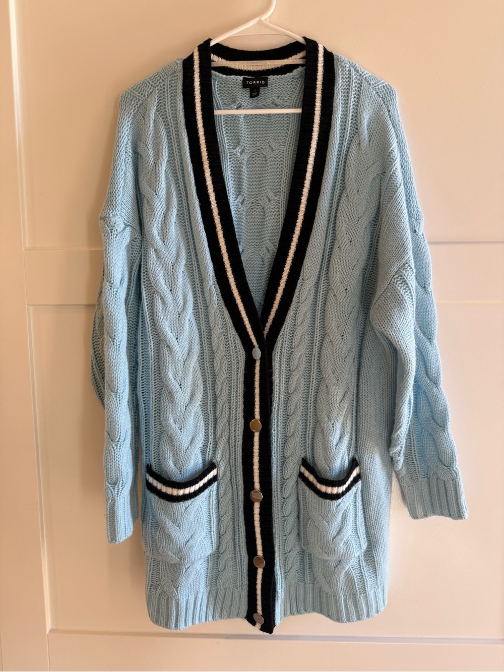 Torrid 1X Blue Cable Knit Varsity Cardigan Longline Button Pocket Sweater